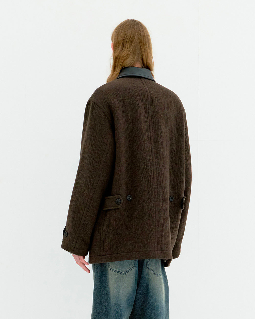 Coat Trimming Leather Patchwork Dark Brown