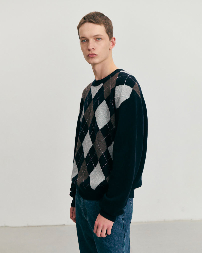 Knit Crewneck Argyle Blu