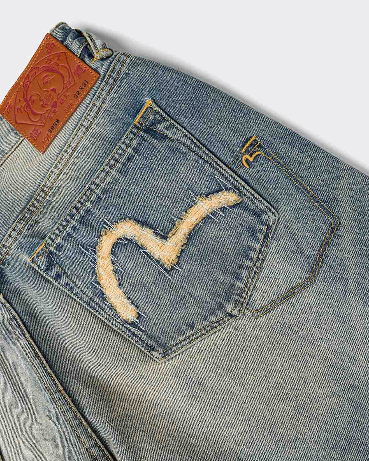 Jeans 7 Pocket Abstract Washing Seagull Embroidery Denim Mid Tone Indigo