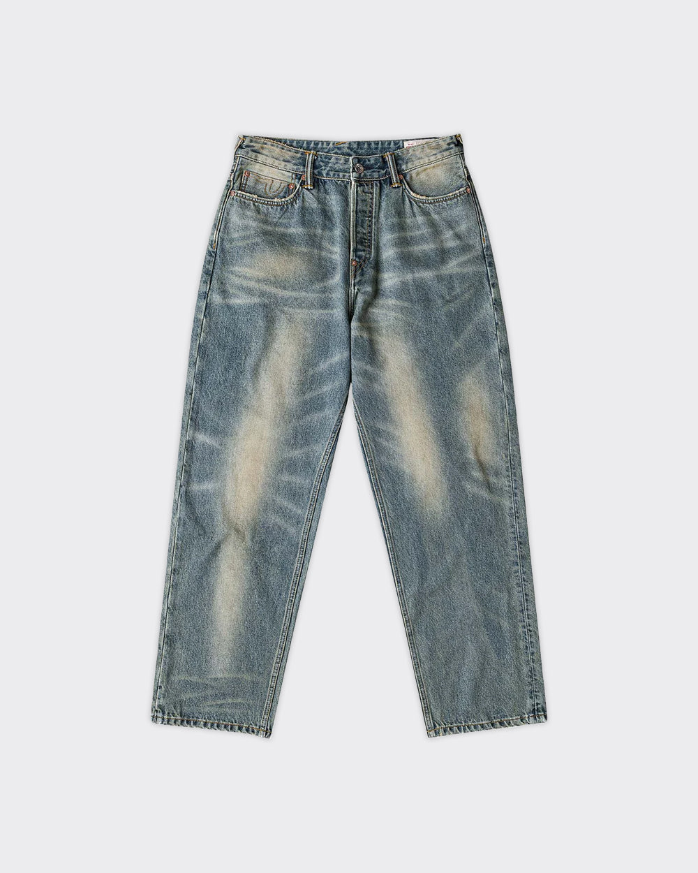 Jeans 7 Pocket Abstract Washing Seagull Embroidery Denim Mid Tone Indigo