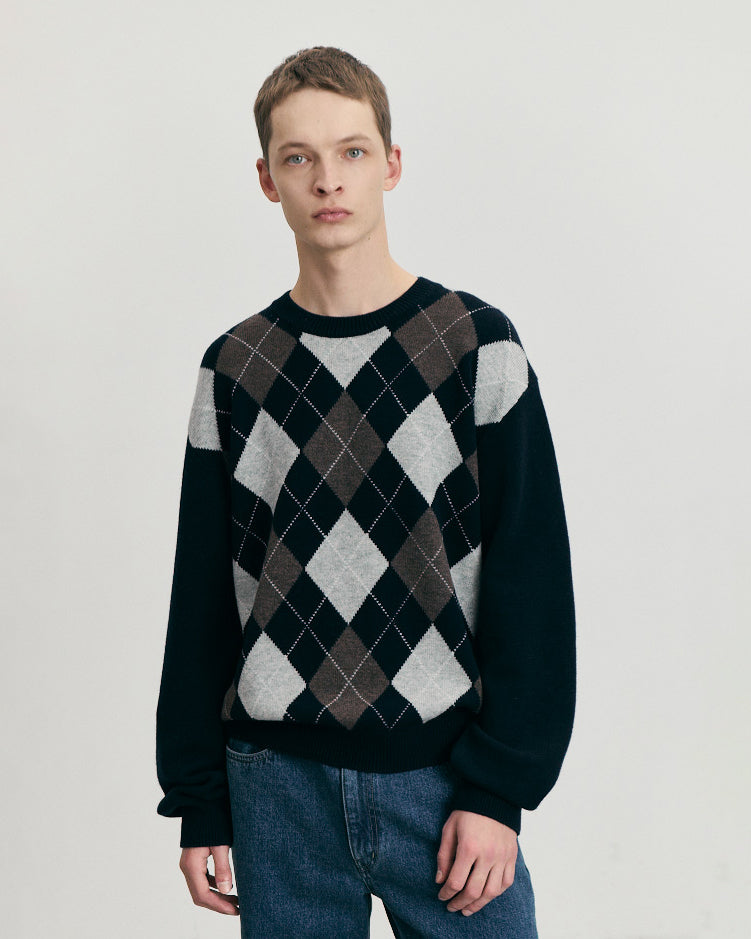 Knit Crewneck Argyle Blu