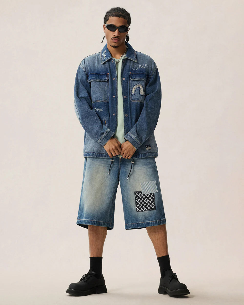 Shorts Fabric Patch Denim Light Tone Indigo