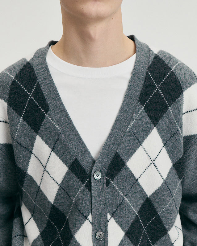 Cardigan V-Neck Argyle Grigio
