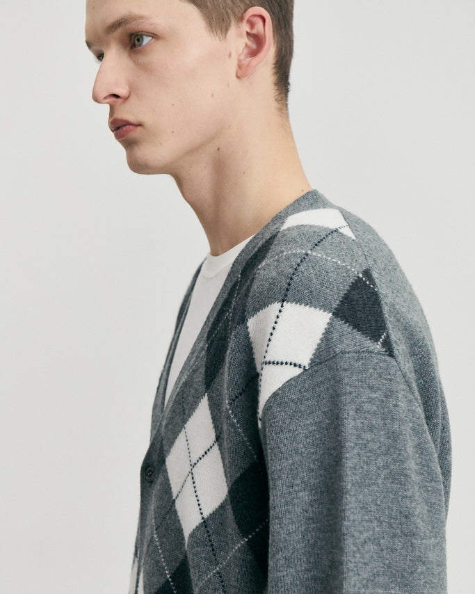 Cardigan V-Neck Argyle Grigio