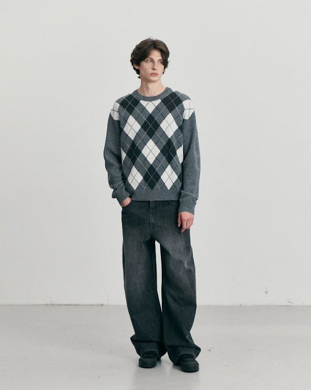 Knit Crewneck Argyle Grigio