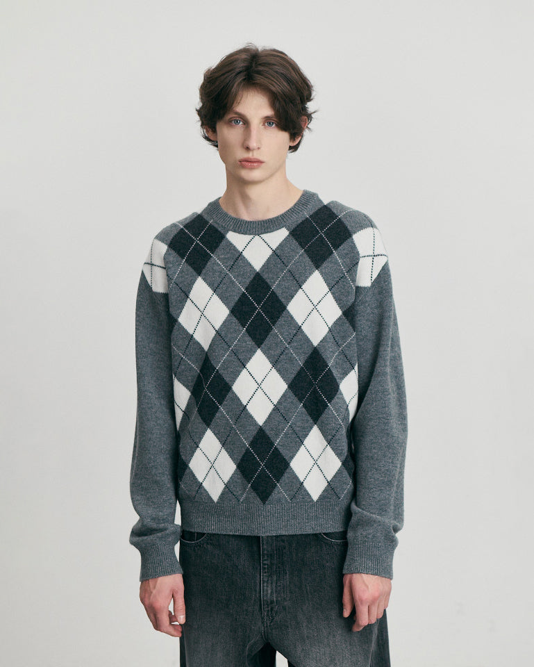 Knit Crewneck Argyle Grigio