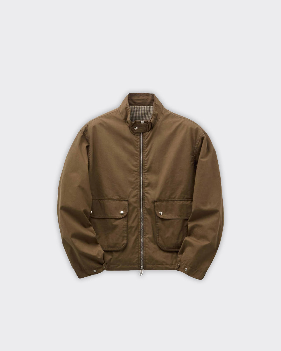Giacca Stand Collar Waxed Cotton Dark Brown