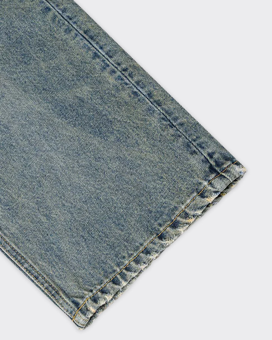 Jeans 7 Pocket Abstract Washing Seagull Embroidery Denim Mid Tone Indigo