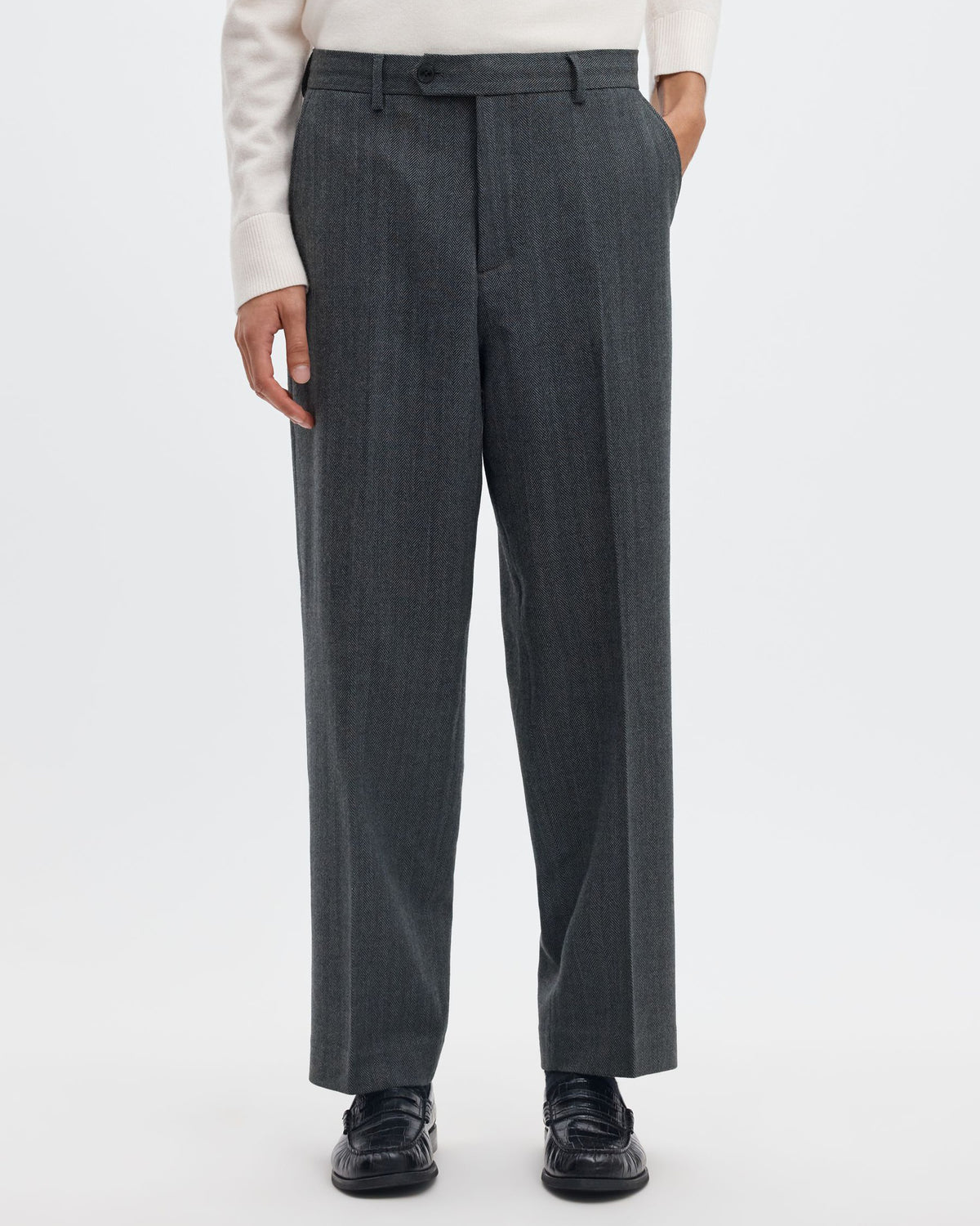 Pantaloni Relaxed Brooks Wool Blend Dark Grey Herringbone