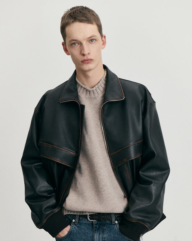 Giacca Stand Collared Leather Blouson Marrone