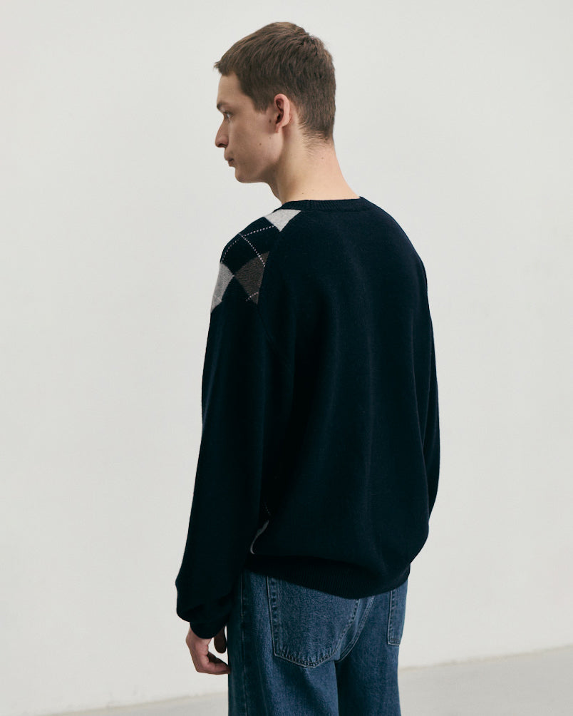 Knit Crewneck Argyle Blu