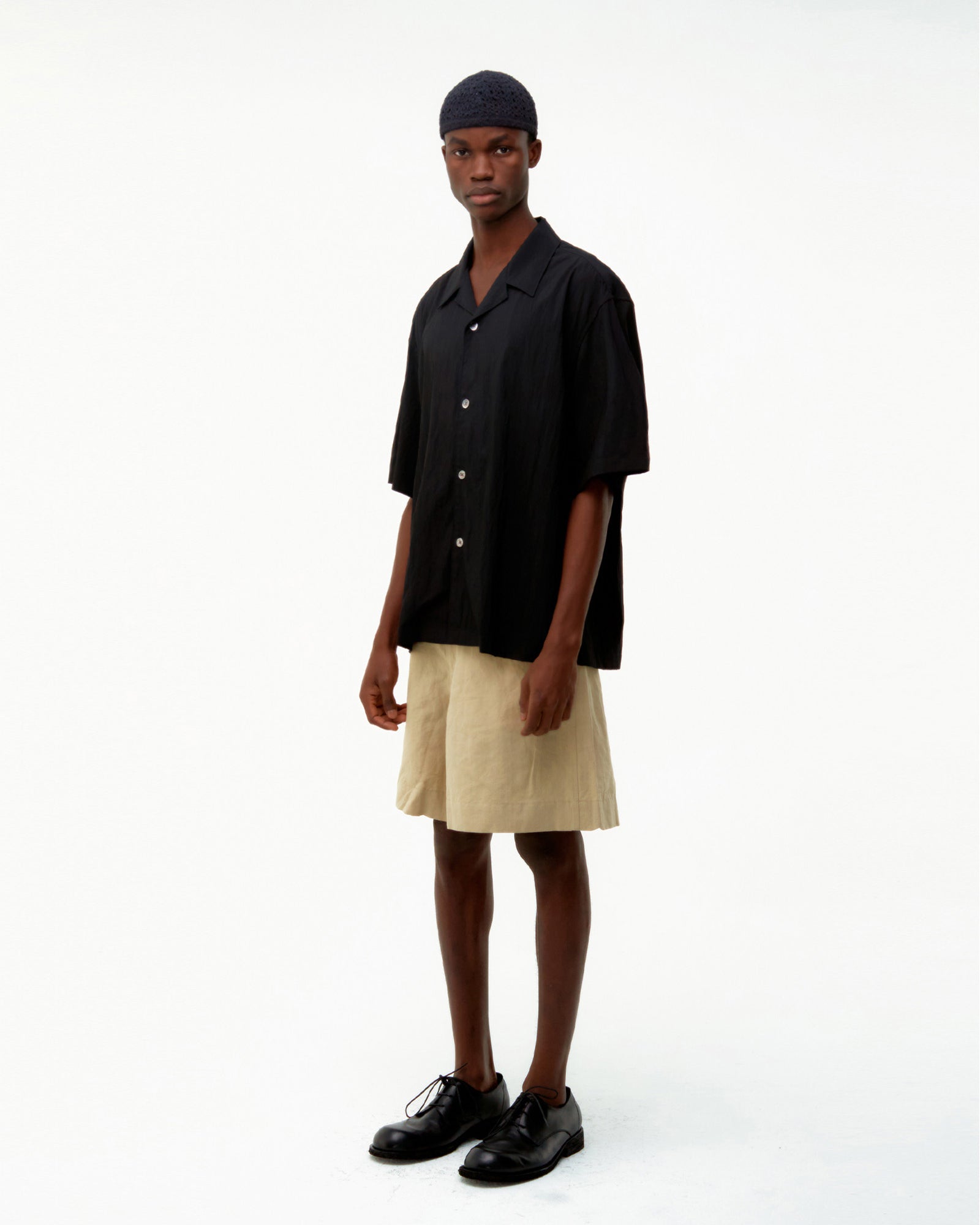 Camicia SS Natural Wrinkle Open Collar Nera