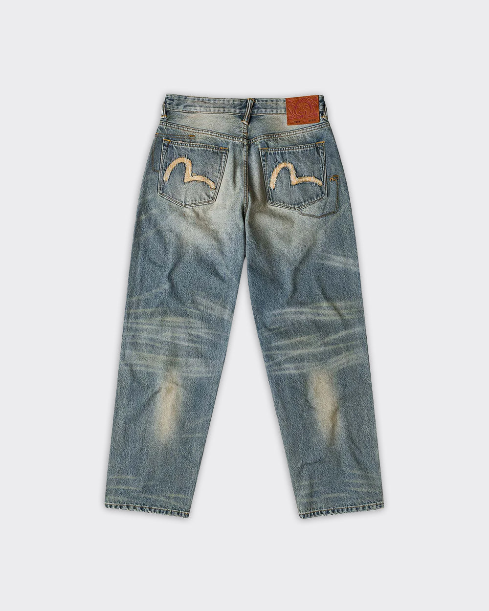 Jeans 7 Pocket Abstract Washing Seagull Embroidery Denim Mid Tone Indigo