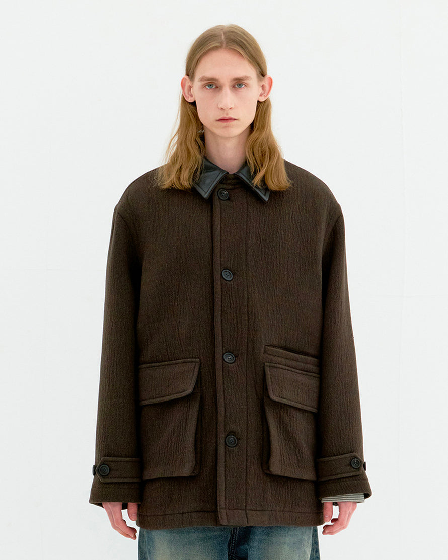 Coat Trimming Leather Patchwork Dark Brown