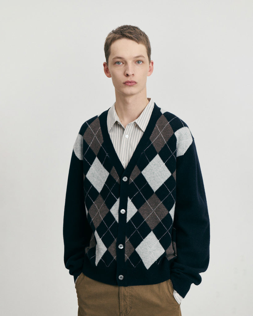 Cardigan V-Neck Argyle Blu