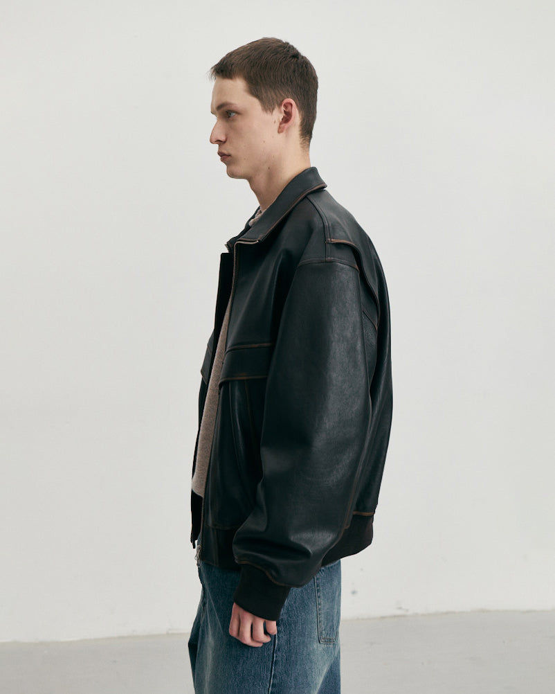 Giacca Stand Collared Leather Blouson Marrone