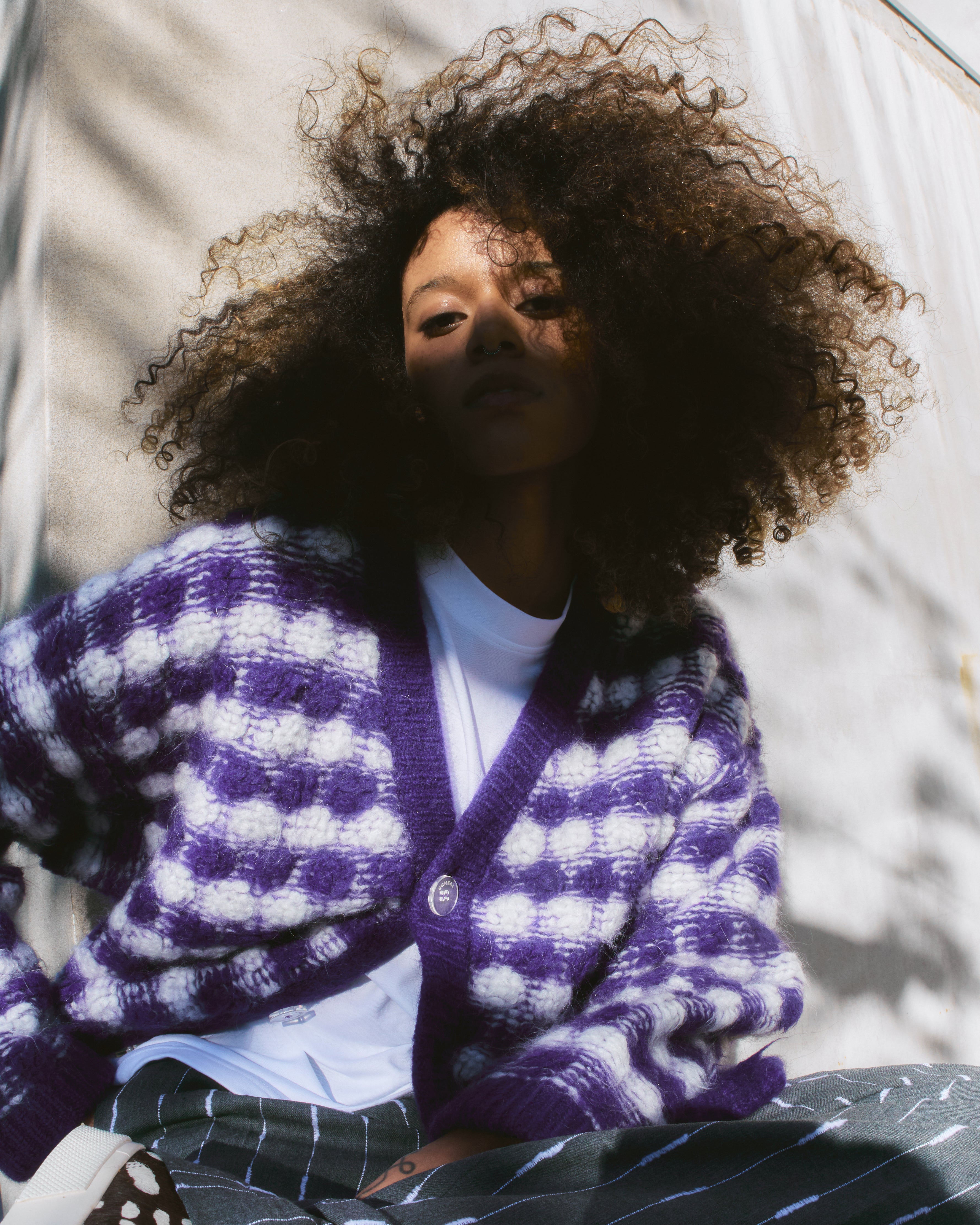 Purple OVERSIZED KNIT MOHAIR PUFF CARDIGAN