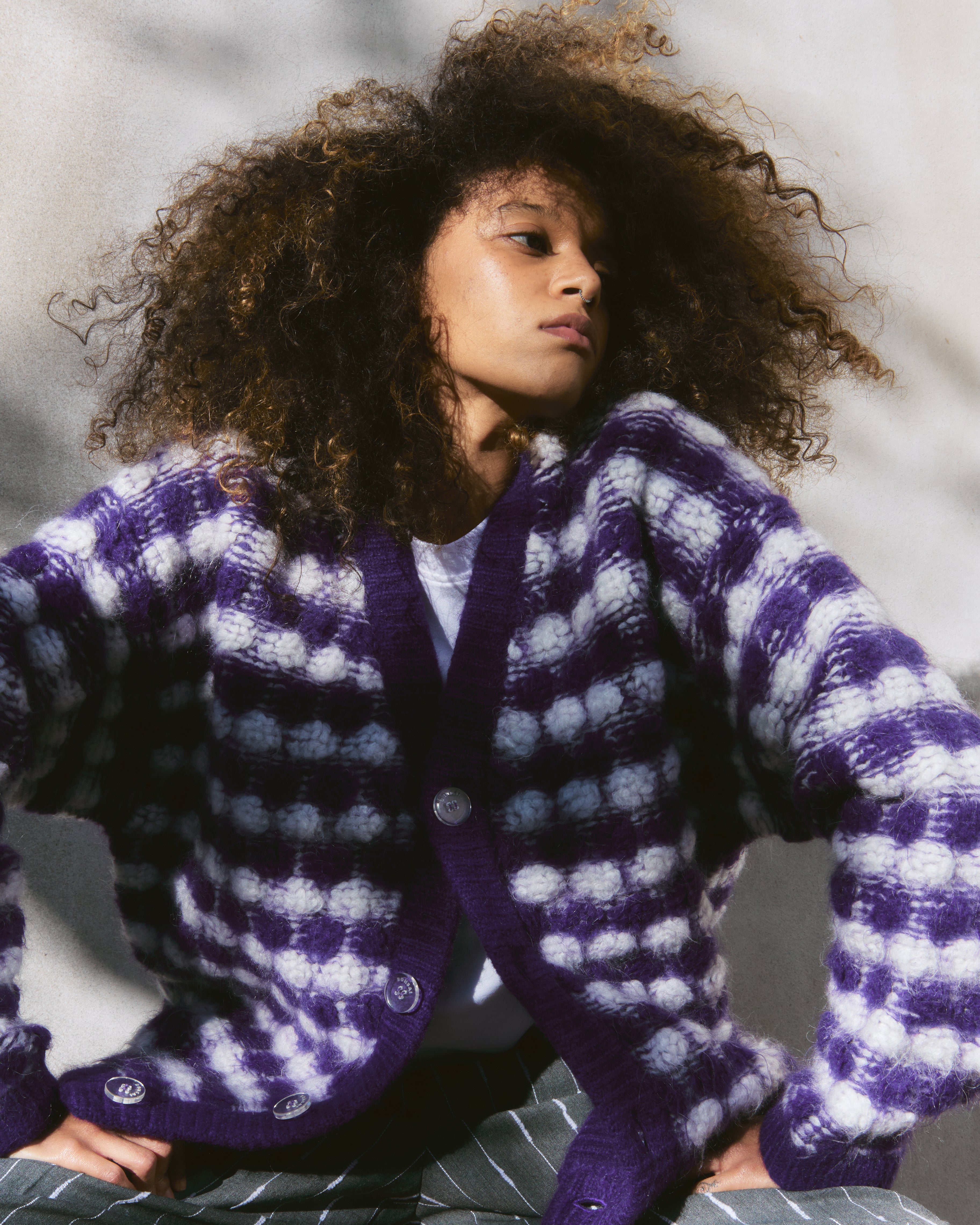 Purple OVERSIZED KNIT MOHAIR PUFF CARDIGAN