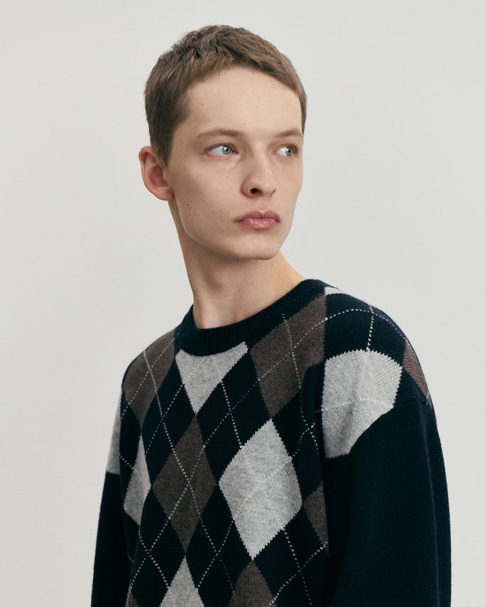 Knit Crewneck Argyle Blu
