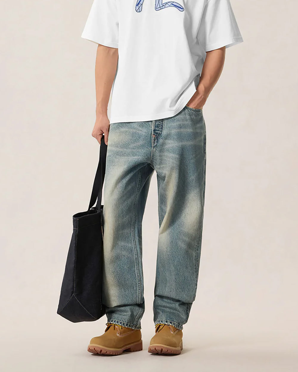Jeans 7 Pocket Abstract Washing Seagull Embroidery Denim Mid Tone Indigo