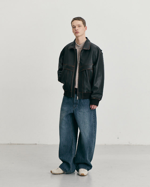 Giacca Stand Collared Leather Blouson Marrone
