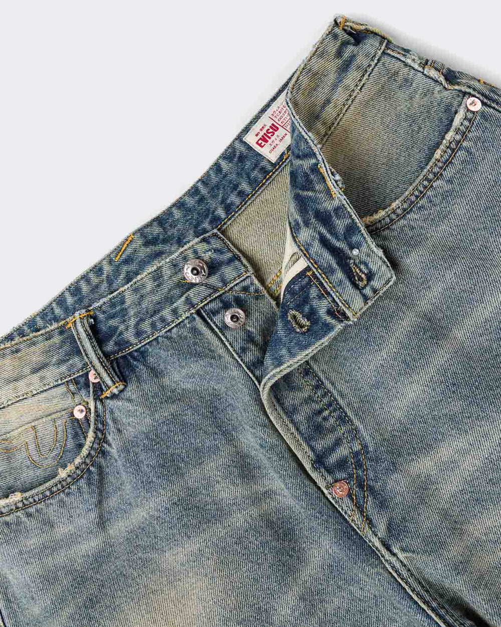Jeans 7 Pocket Abstract Washing Seagull Embroidery Denim Mid Tone Indigo
