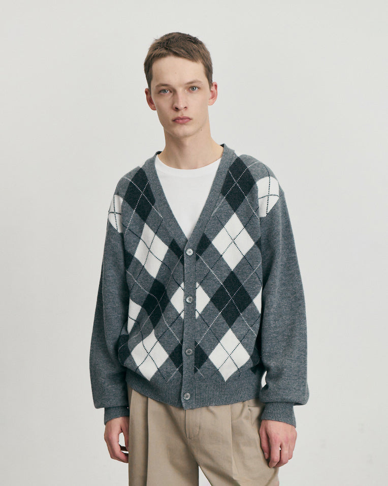 Cardigan V-Neck Argyle Grigio