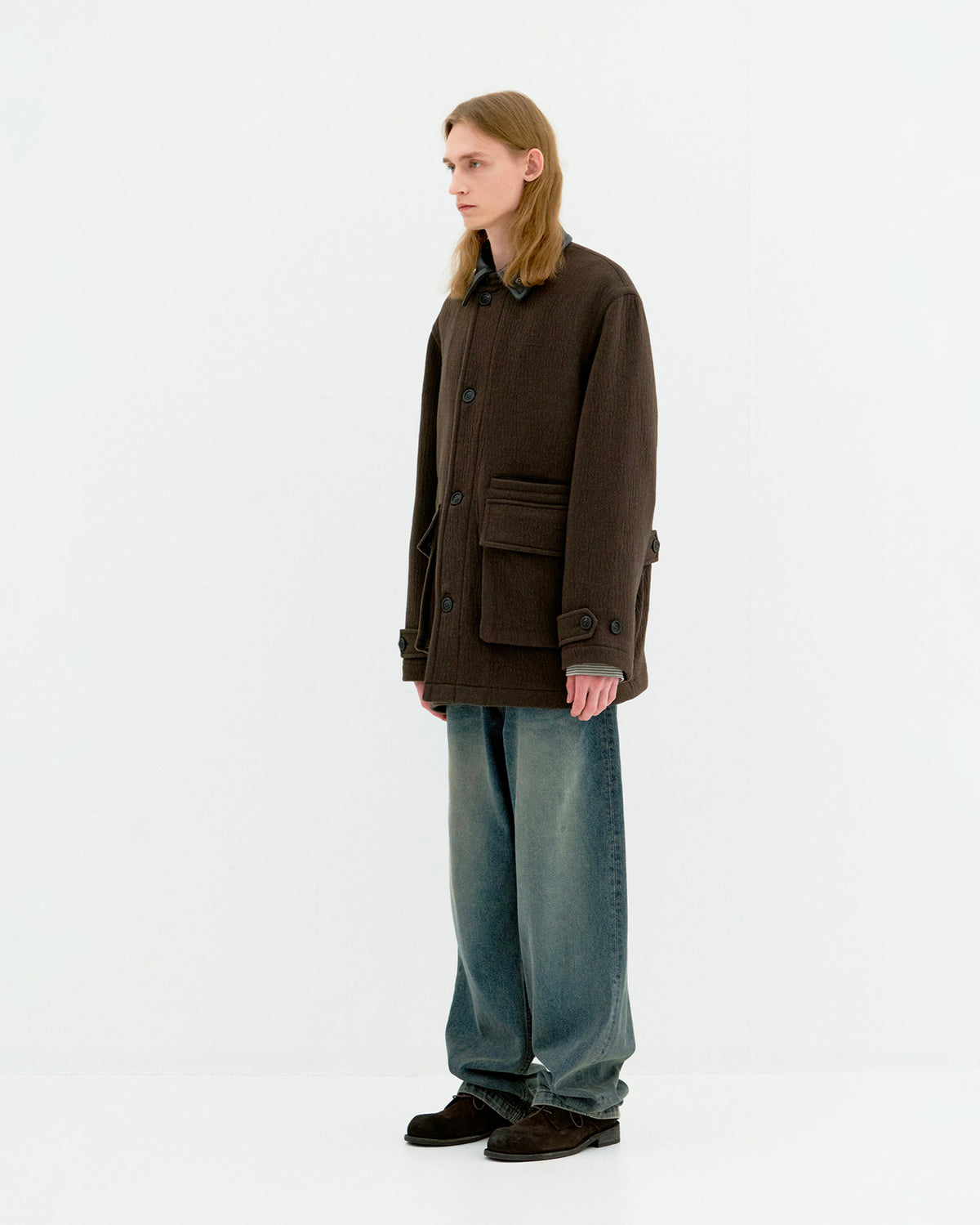 Coat Trimming Leather Patchwork Dark Brown