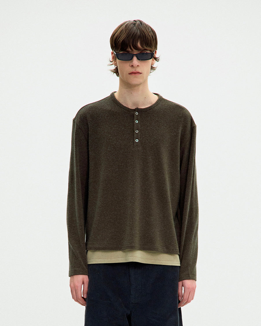 Longsleeve Hairy Henley Neck Layered Khaki Green