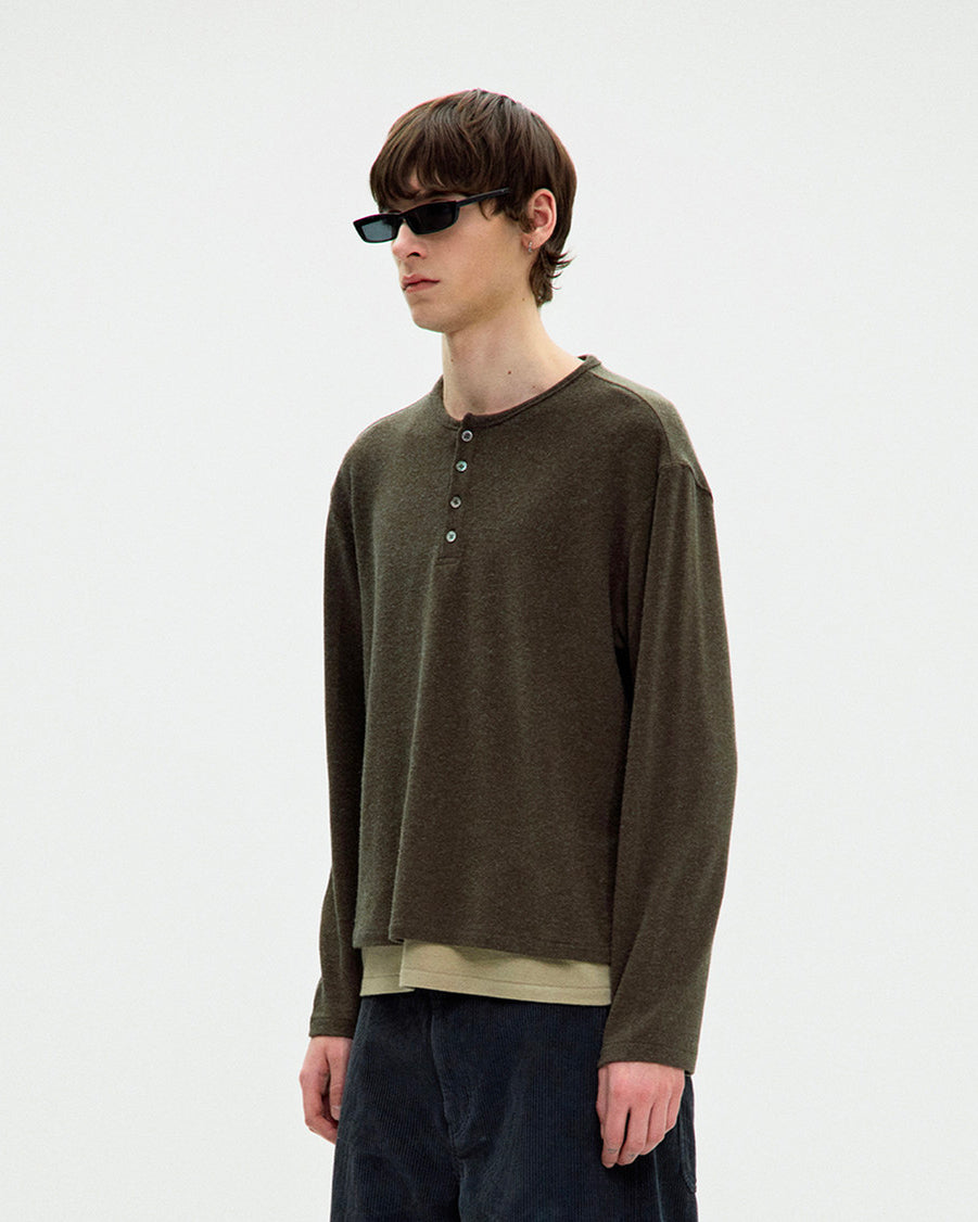 Longsleeve Hairy Henley Neck Layered Khaki Green