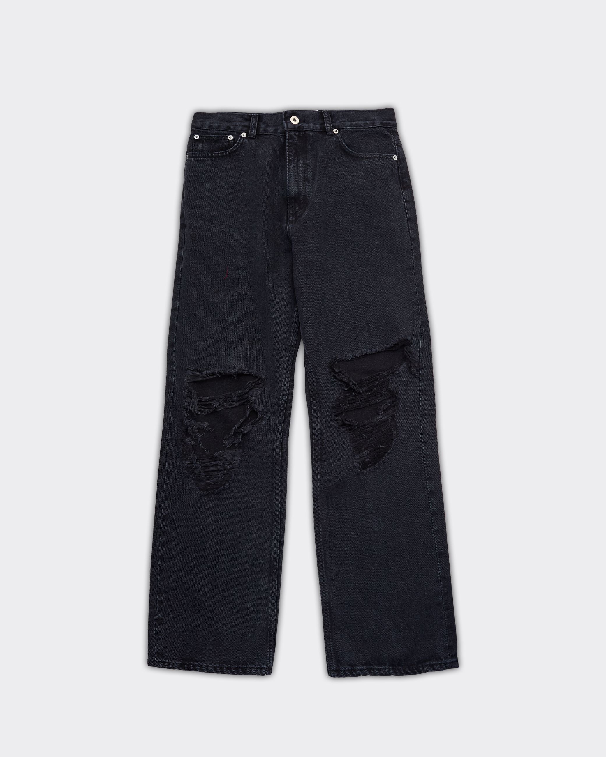 Jeans Straight Leg Destroyed Washed Nero