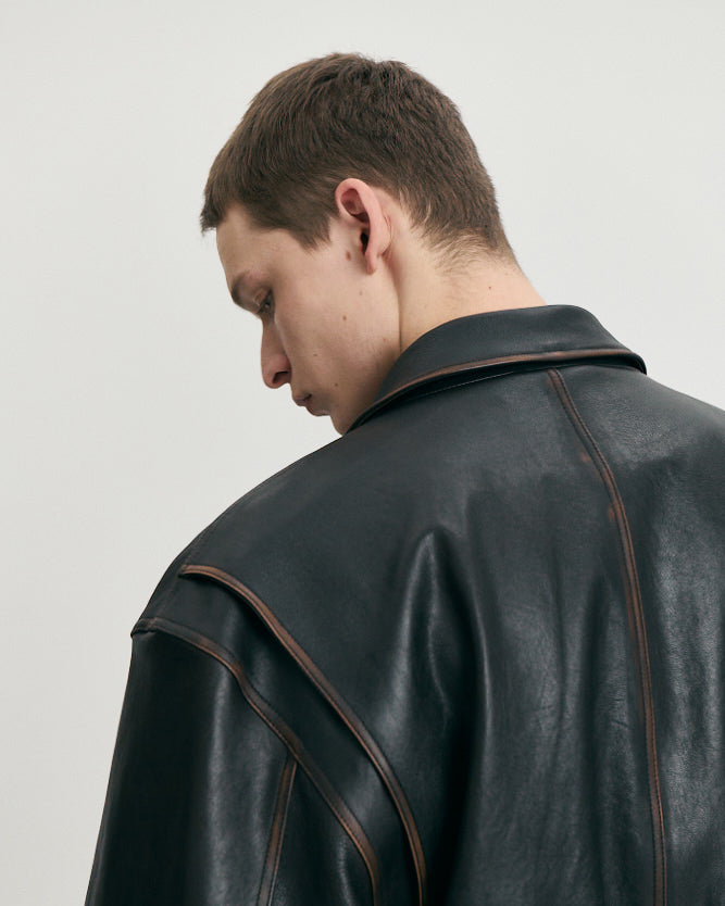Giacca Stand Collared Leather Blouson Marrone