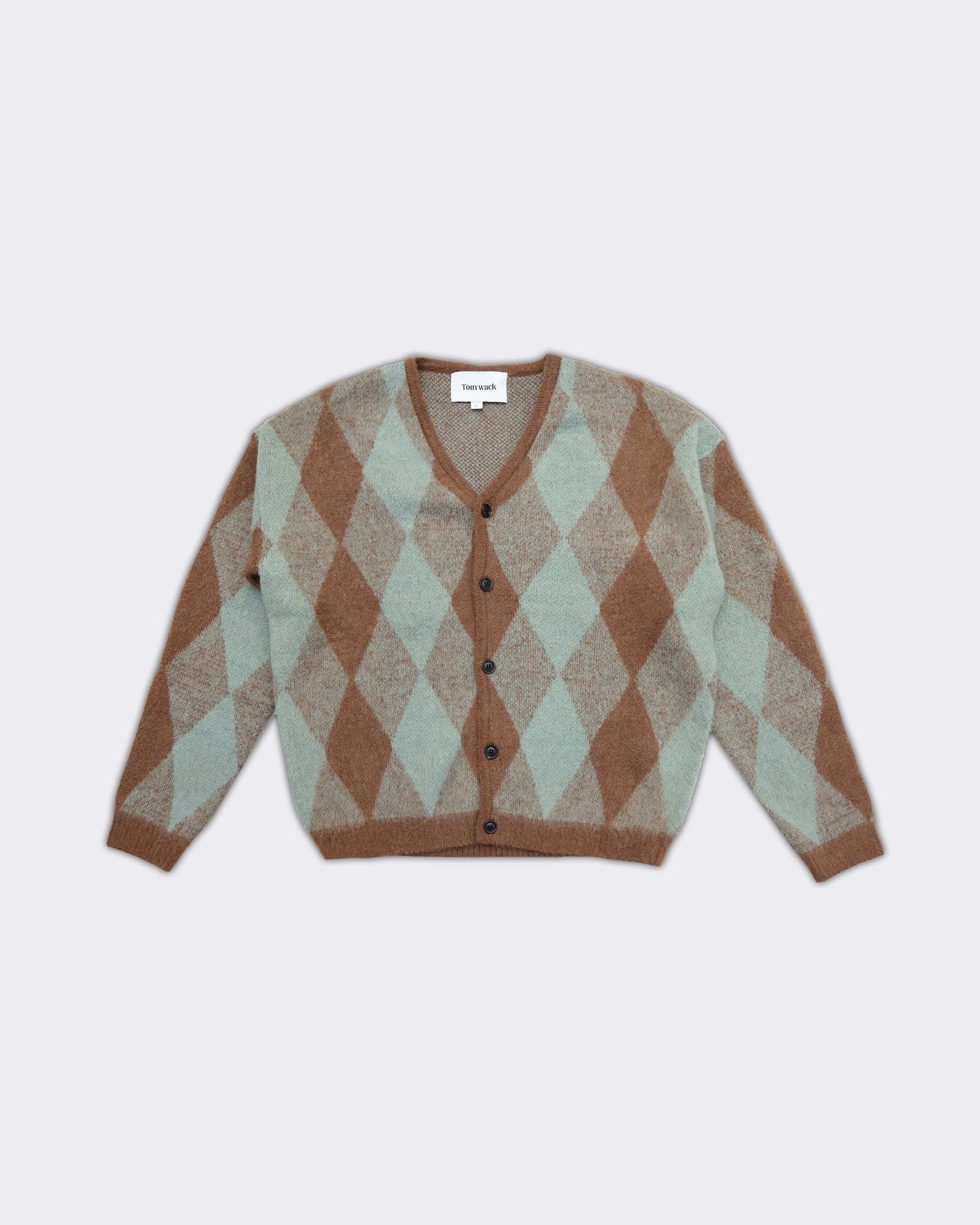 Cardigan Brushed Mohair Argyle Mint/Taupe