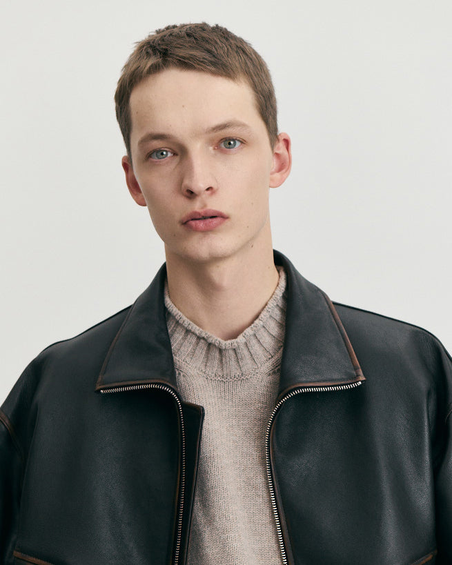Giacca Stand Collared Leather Blouson Marrone