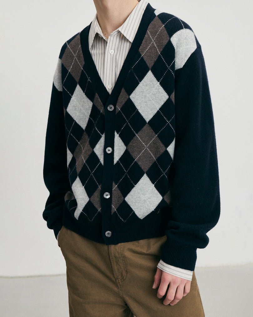 Cardigan V-Neck Argyle Blu